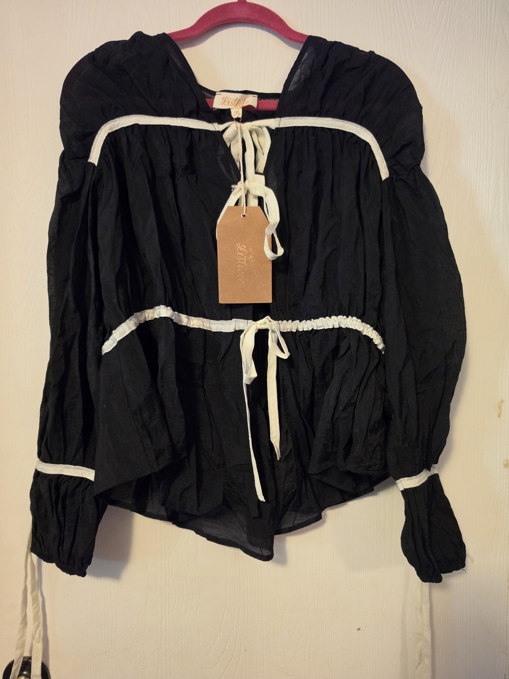 Listicle Black Peasant Blouse with White Trim and Ties